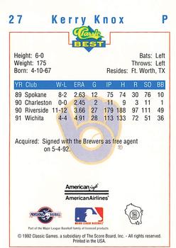 1992 Classic Best Beloit Brewers #27 Kerry Knox Back