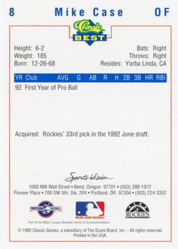 1992 Classic Best Bend Rockies #8 Mike Case Back