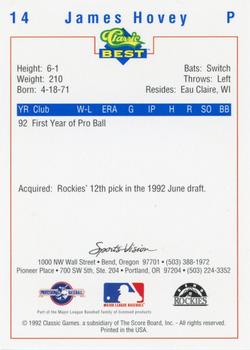 1992 Classic Best Bend Rockies #14 James Hovey Back