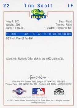 1992 Classic Best Bend Rockies #22 Tim Scott Back