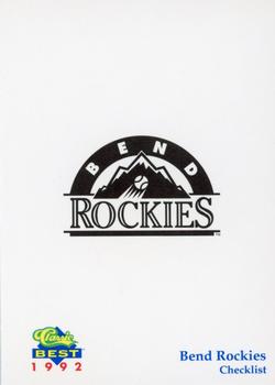 1992 Classic Best Bend Rockies #30 Checklist Front
