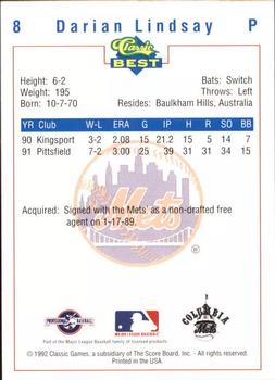 1992 Classic Best Columbia Mets #8 Darian Lindsay Back