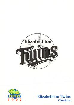 1992 Classic Best Elizabethton Twins #30 Checklist Front