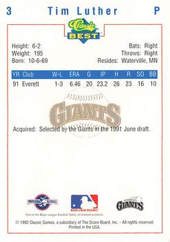 1992 Classic Best Everett Giants #3 Tim Luther Back