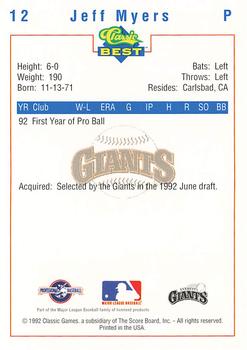 1992 Classic Best Everett Giants #12 Jeff Myers Back