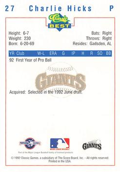 1992 Classic Best Everett Giants #27 Charlie Hicks Back
