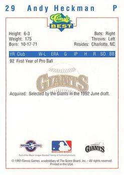 1992 Classic Best Everett Giants #29 Andy Heckman Back
