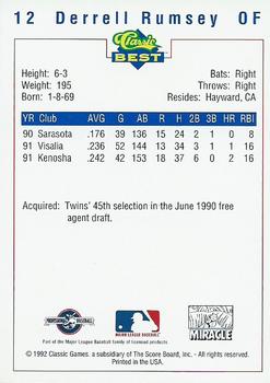 1992 Classic Best Fort Myers Miracle #12 Derrell Rumsey Back