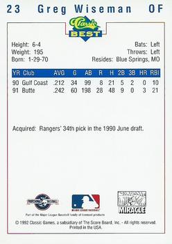 1992 Classic Best Fort Myers Miracle #23 Greg Wiseman Back