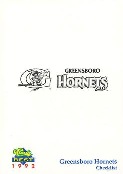 1992 Classic Best Greensboro Hornets #30 Checklist Front