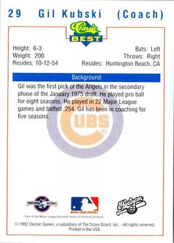 1992 Classic Best Huntington Cubs #29 Gil Kubski Back