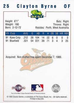 1992 Classic Best Kane County Cougars #25 Clayton Byrne Back