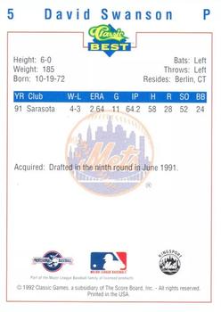 1992 Classic Best Kingsport Mets #5 David Swanson Back