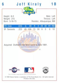 1992 Classic Best Kingsport Mets #6 Jeff Kiraly Back