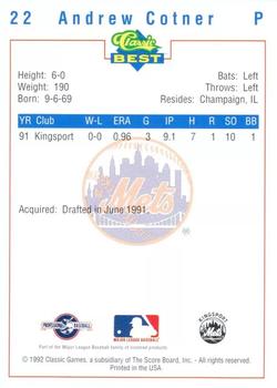 1992 Classic Best Kingsport Mets #22 Andrew Cotner Back
