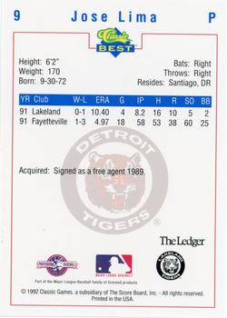 1992 Classic Best Lakeland Tigers #9 Jose Lima Back