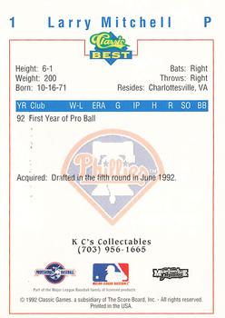 1992 Classic Best Martinsville Phillies #1 Larry Mitchell Back