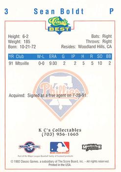 1992 Classic Best Martinsville Phillies #3 Sean Boldt Back