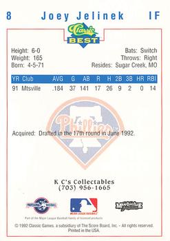 1992 Classic Best Martinsville Phillies #8 Joey Jelinek Back