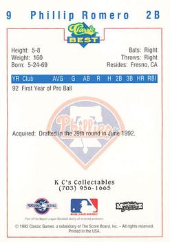 1992 Classic Best Martinsville Phillies #9 Phillip Romero Back
