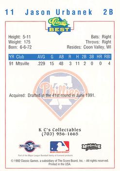 1992 Classic Best Martinsville Phillies #11 Jason Urbanek Back