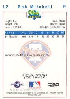 1992 Classic Best Martinsville Phillies #12 Rob Mitchell Back
