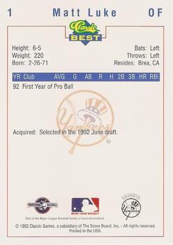 1992 Classic Best Oneonta Yankees #1 Matt Luke Back