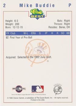 1992 Classic Best Oneonta Yankees #2 Mike Buddie Back