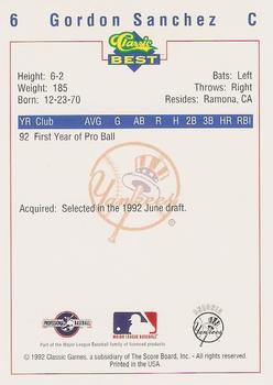 1992 Classic Best Oneonta Yankees #6 Gordon Sanchez Back