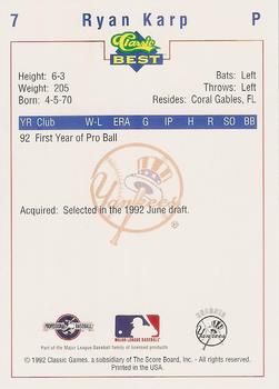 1992 Classic Best Oneonta Yankees #7 Ryan Karp Back