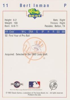 1992 Classic Best Oneonta Yankees #11 Bert Inman Back