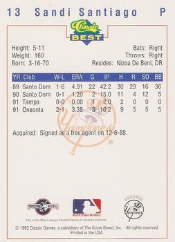 1992 Classic Best Oneonta Yankees #13 Sandi Santiago Back