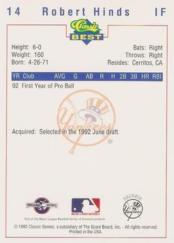 1992 Classic Best Oneonta Yankees #14 Robert Hinds Back