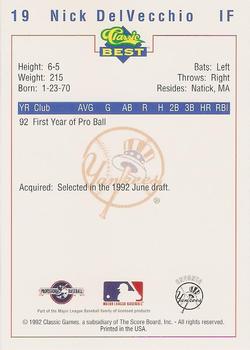 1992 Classic Best Oneonta Yankees #19 Nick DelVecchio Back