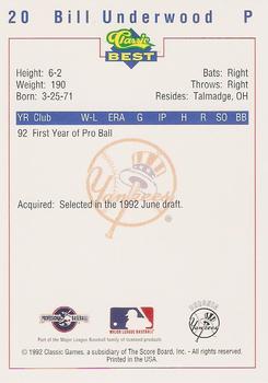 1992 Classic Best Oneonta Yankees #20 Bill Underwood Back
