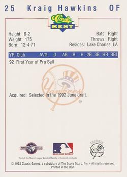 1992 Classic Best Oneonta Yankees #25 Kraig Hawkins Back