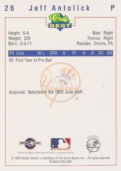 1992 Classic Best Oneonta Yankees #26 Jeff Antolick Back
