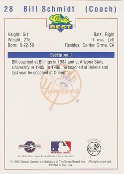 1992 Classic Best Oneonta Yankees #28 Bill Schmidt Back