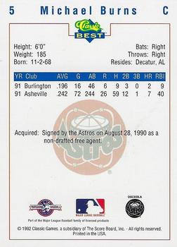 1992 Classic Best Osceola Astros #5 Mike Burns Back
