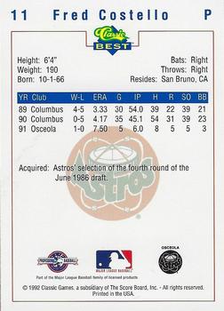 1992 Classic Best Osceola Astros #11 Fred Costello Back