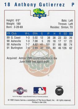 1992 Classic Best Osceola Astros #18 Anthony Gutierrez Back