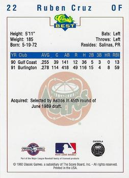1992 Classic Best Osceola Astros #22 Ruben Cruz Back