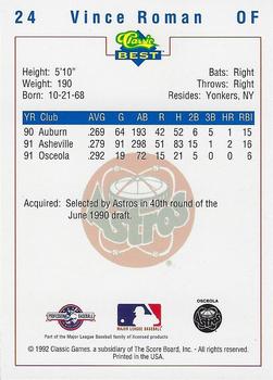 1992 Classic Best Osceola Astros #24 Vince Roman Back
