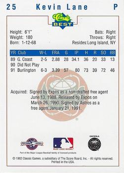 1992 Classic Best Osceola Astros #25 Kevin Lane Back