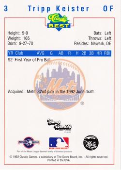 1992 Classic Best Pittsfield Mets #3 Tripp Keister Back