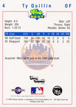 1992 Classic Best Pittsfield Mets #4 Ty Quillin Back