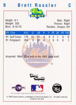 1992 Classic Best Pittsfield Mets #9 Brett Rossler Back