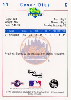 1992 Classic Best Pittsfield Mets #11 Cesar Diaz Back