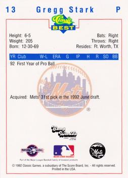 1992 Classic Best Pittsfield Mets #13 Gregg Stark Back