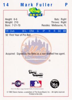 1992 Classic Best Pittsfield Mets #14 Mark Fuller Back
